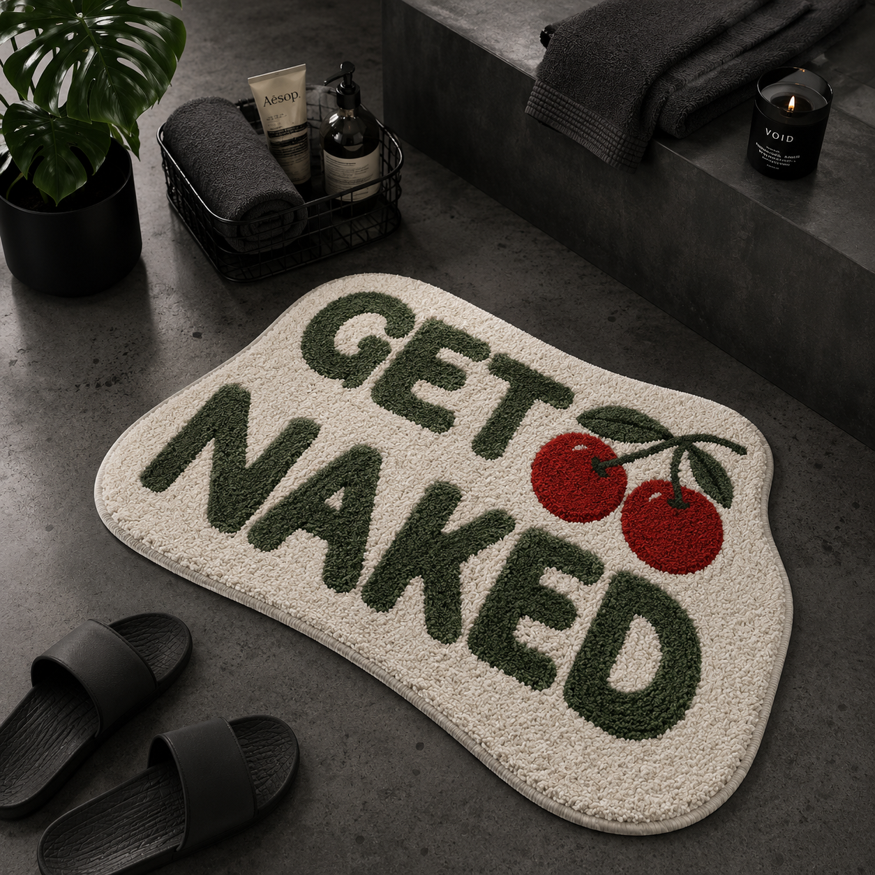 "Get Naked" Cherry Bath Mat – Retro Non-Slip Bathroom Rug