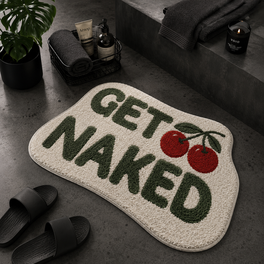 "Get Naked" Cherry Bath Mat – Retro Non-Slip Bathroom Rug