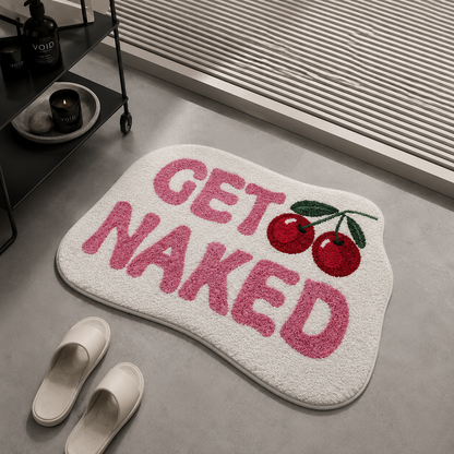 "Get Naked" Cherry Bath Mat – Retro Non-Slip Bathroom Rug