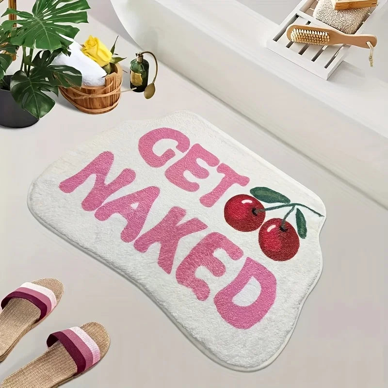 "Get Naked" Cherry Bath Mat – Retro Non-Slip Bathroom Rug